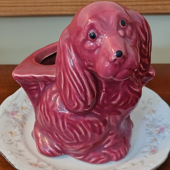 Vintage Pottery Sad Cocker Spaniel Burgundy Weeping Dog Planter He Needs a Home! - Picture 5 of 5